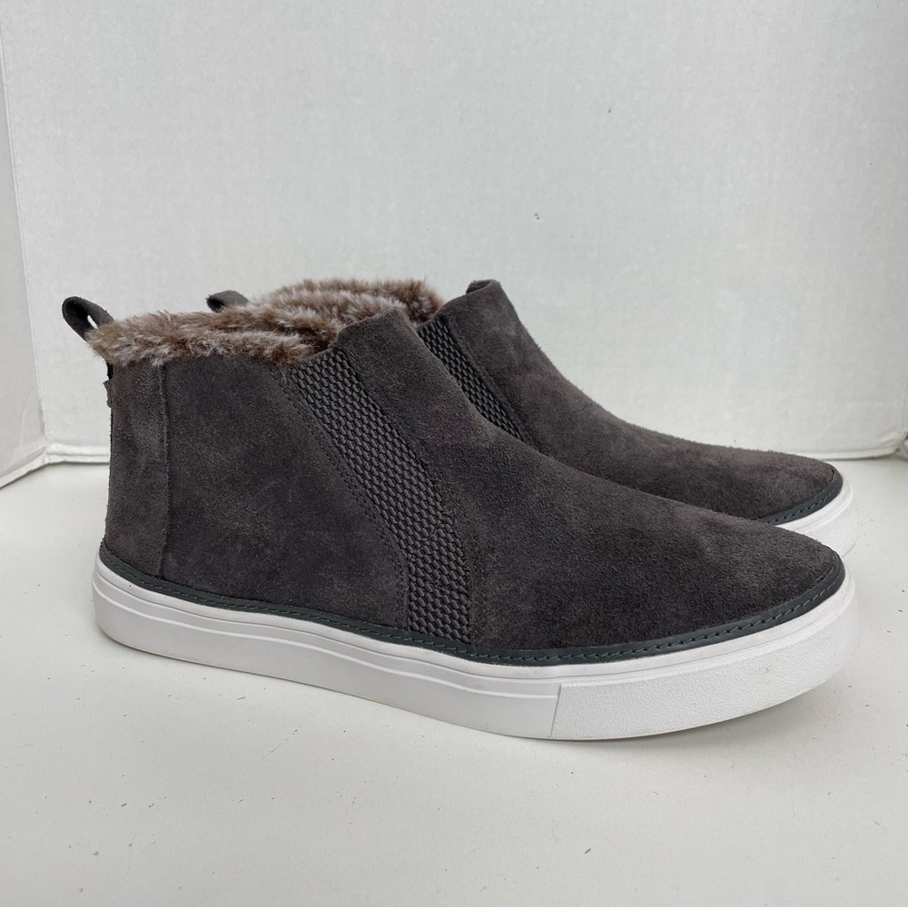 TOMS Sneaker Bryce High Top Slip-On Bootie Suede Leather Fur Trim Comfort Grey